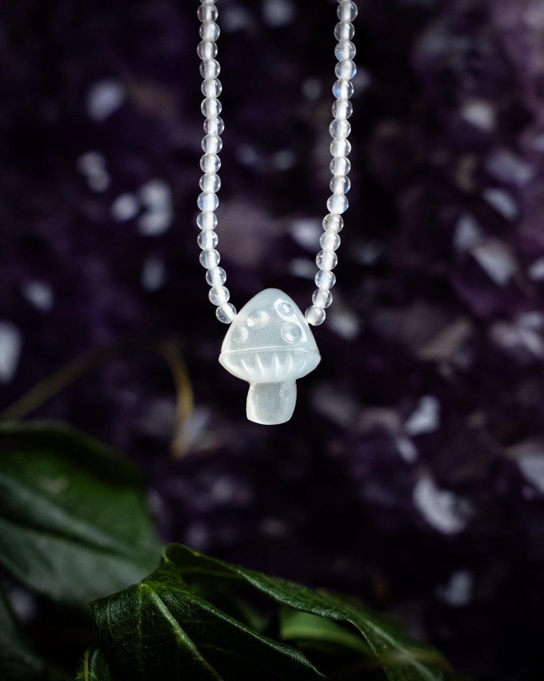 White Moonstone Hand Carved Toadstool Beaded Necklace