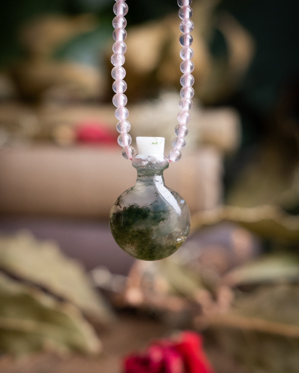 Potion for Tender Growth: Moss Agate & Rose Quartz Beaded Necklace - The Healing Pear