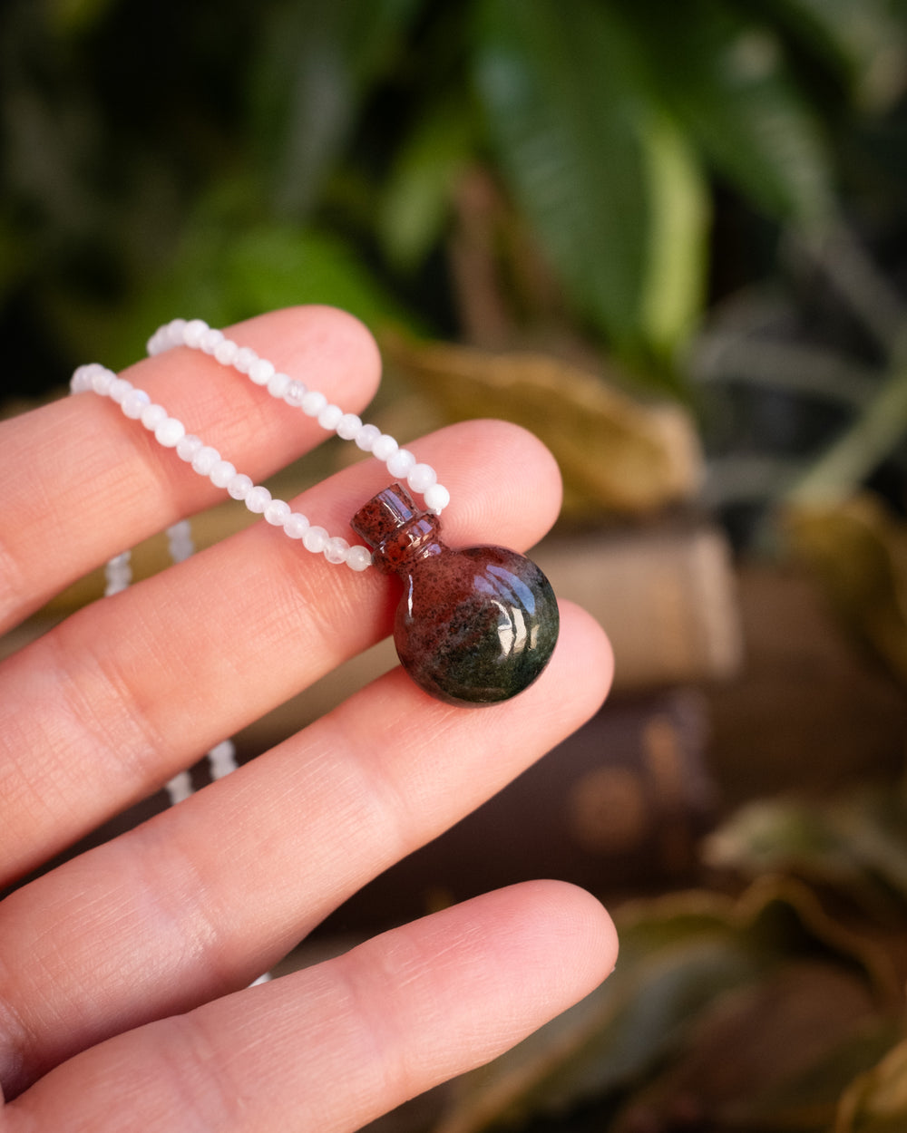 Potion for Lunar Grounding: Bloodstone & Moonstone Beaded Necklace - The Healing Pear