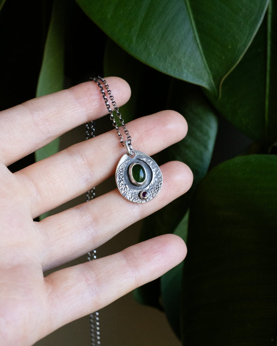 Nephrite Jade &amp; Ruby Moon Talisman Sterling Silver Necklace - The Healing Pear