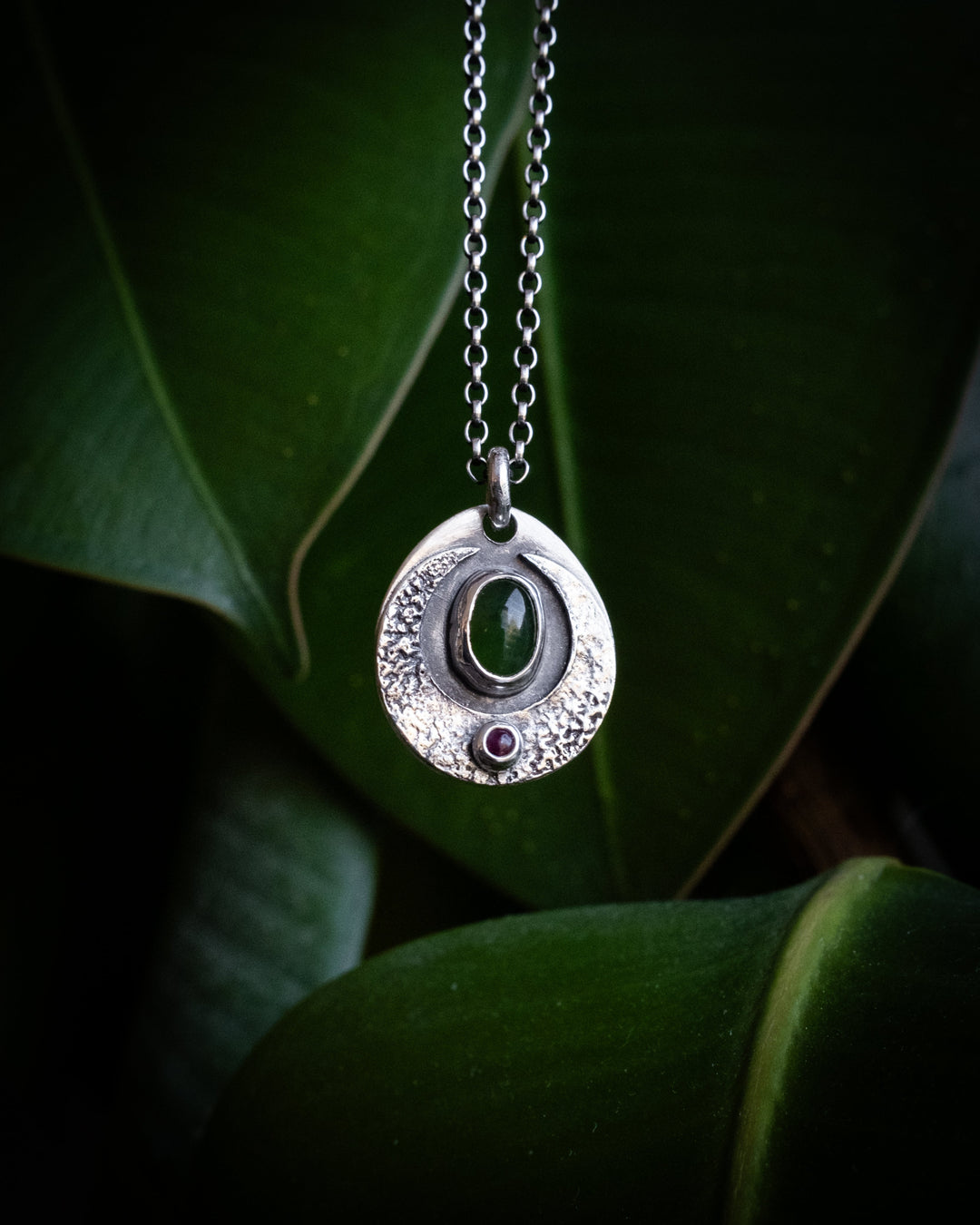 Nephrite Jade &amp; Ruby Moon Talisman Sterling Silver Necklace - The Healing Pear