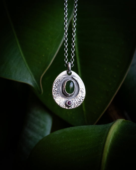 Nephrite Jade &amp; Ruby Moon Talisman Sterling Silver Necklace - The Healing Pear