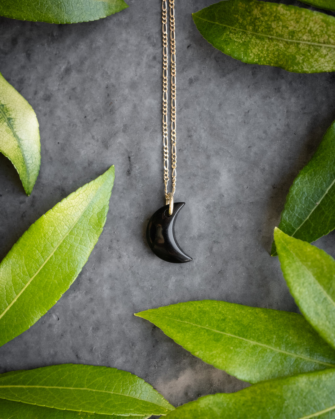 Obsidian Crescent Moon Recycled Sterling Silver or Gold Necklace