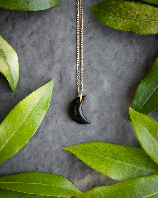 Obsidian Crescent Moon Recycled Sterling Silver or Gold Necklace