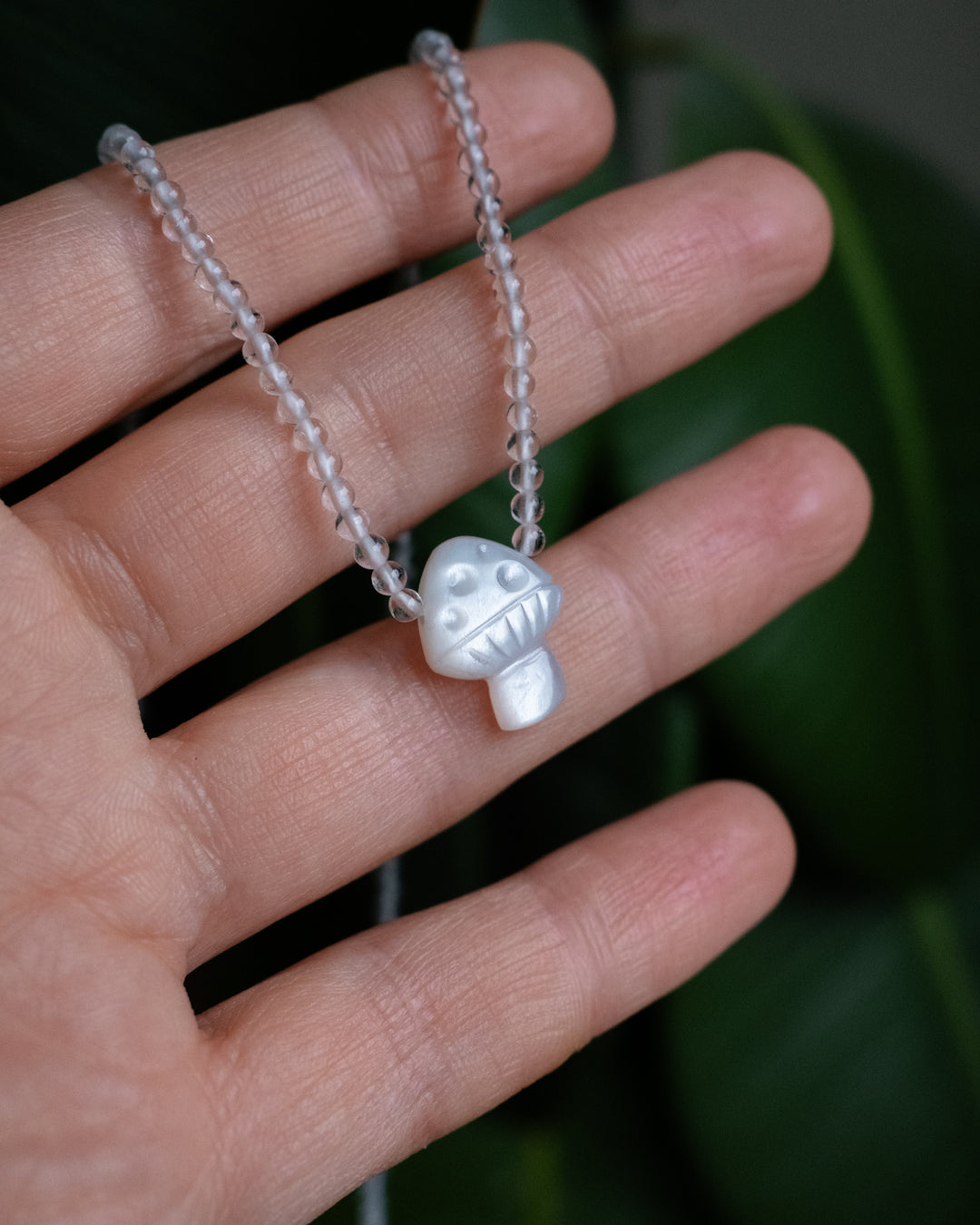 White Moonstone Hand Carved Toadstool Beaded Necklace