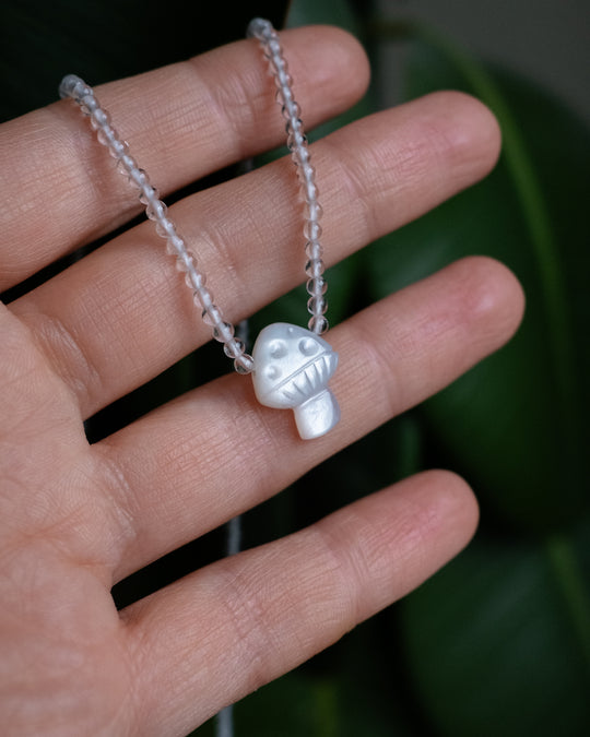 White Moonstone Hand Carved Toadstool Beaded Necklace