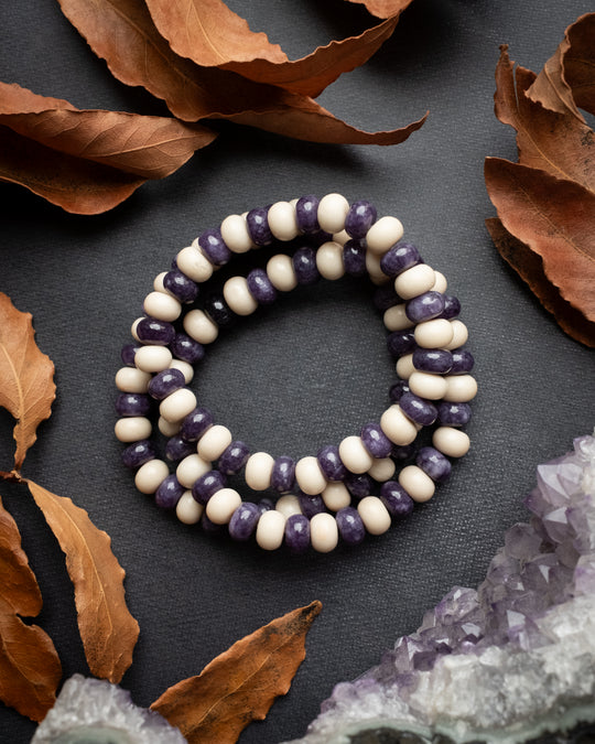 Fossil Jasper &amp; Purple Jade Rondelle Bead Bracelet 8mm