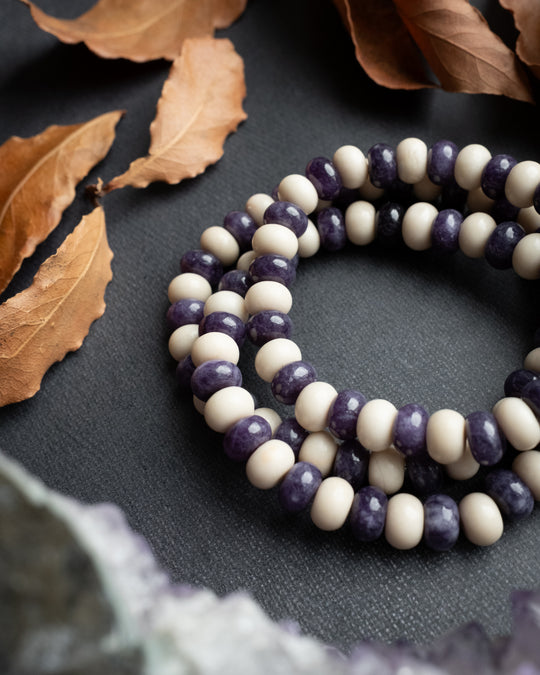 Fossil Jasper &amp; Purple Jade Rondelle Bead Bracelet 8mm