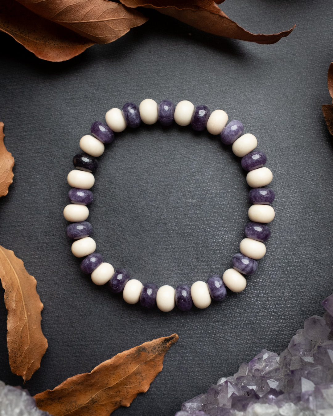 Fossil Jasper &amp; Purple Jade Rondelle Bead Bracelet 8mm