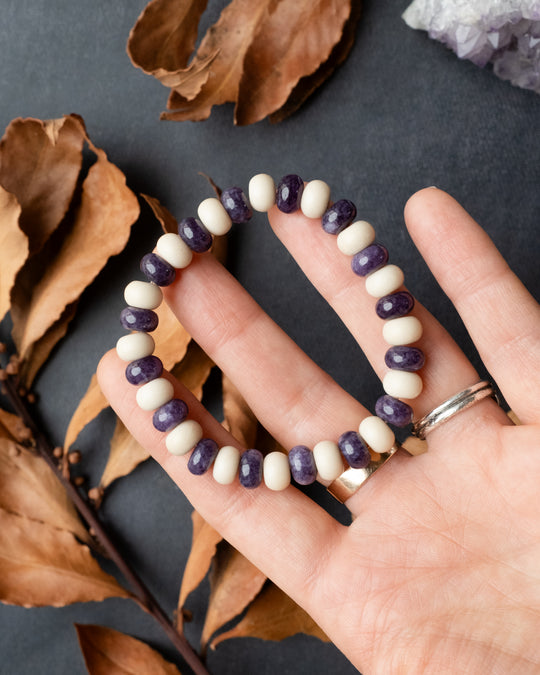 Fossil Jasper &amp; Purple Jade Rondelle Bead Bracelet 8mm