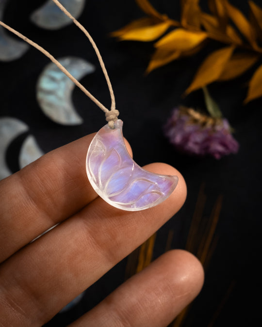 Rainbow Moonstone Hand Carved Lotus Moon Necklace