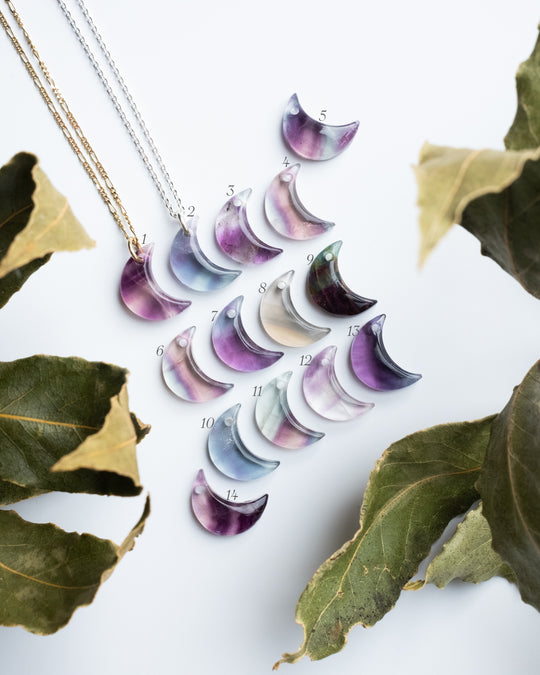 Rainbow Fluorite Crescent Moon Recycled Sterling Silver or Gold Necklace - The Healing Pear