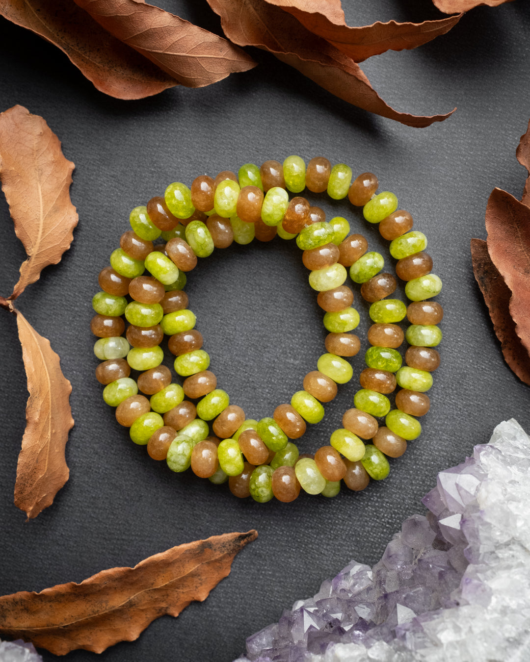 Caramel &amp; Green Jade Rondelle Bead Bracelet 8mm