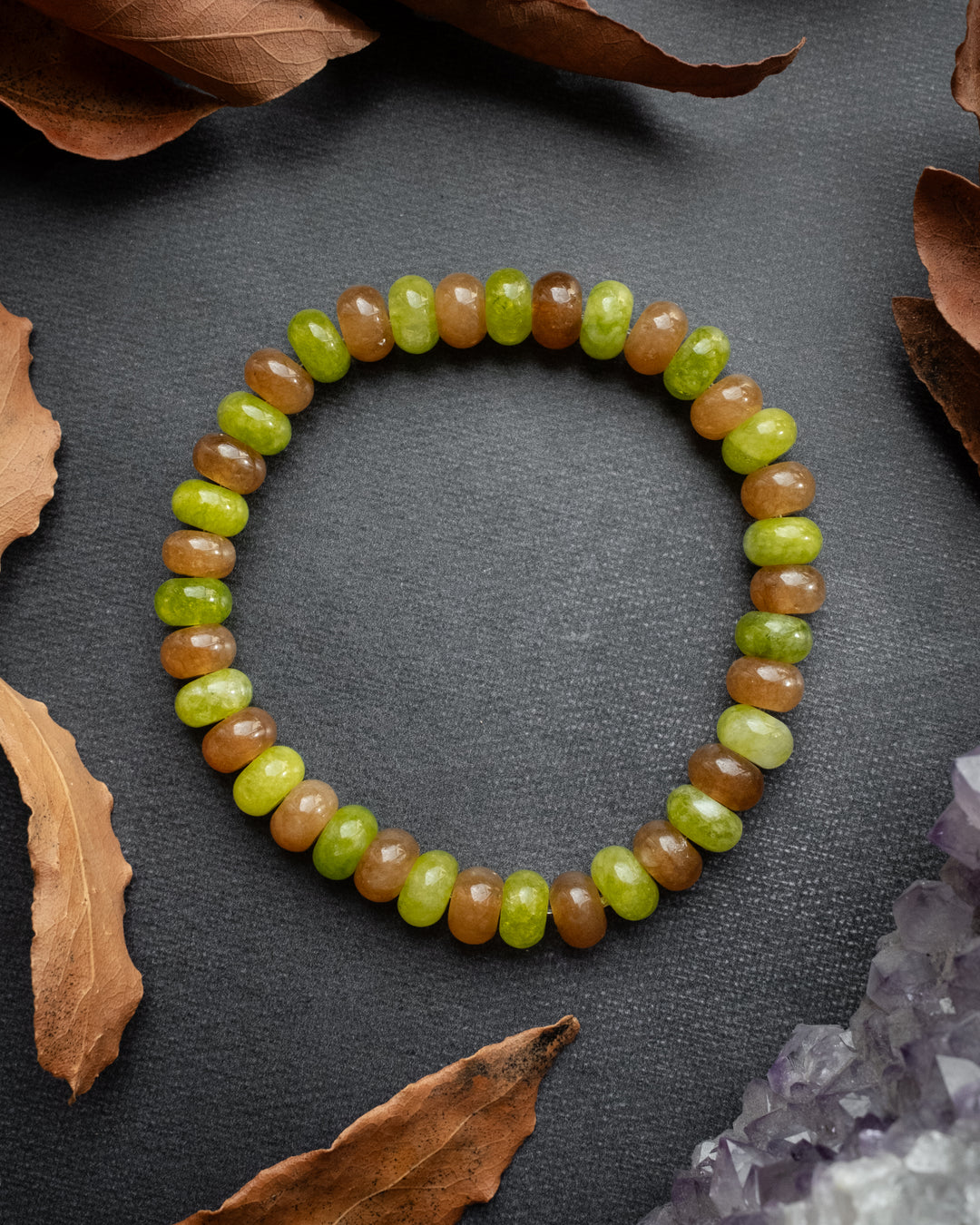 Caramel &amp; Green Jade Rondelle Bead Bracelet 8mm