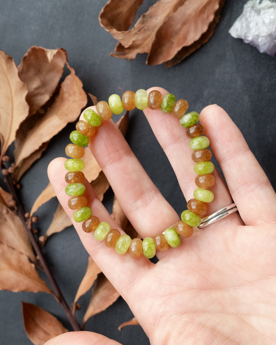 Caramel &amp; Green Jade Rondelle Bead Bracelet 8mm