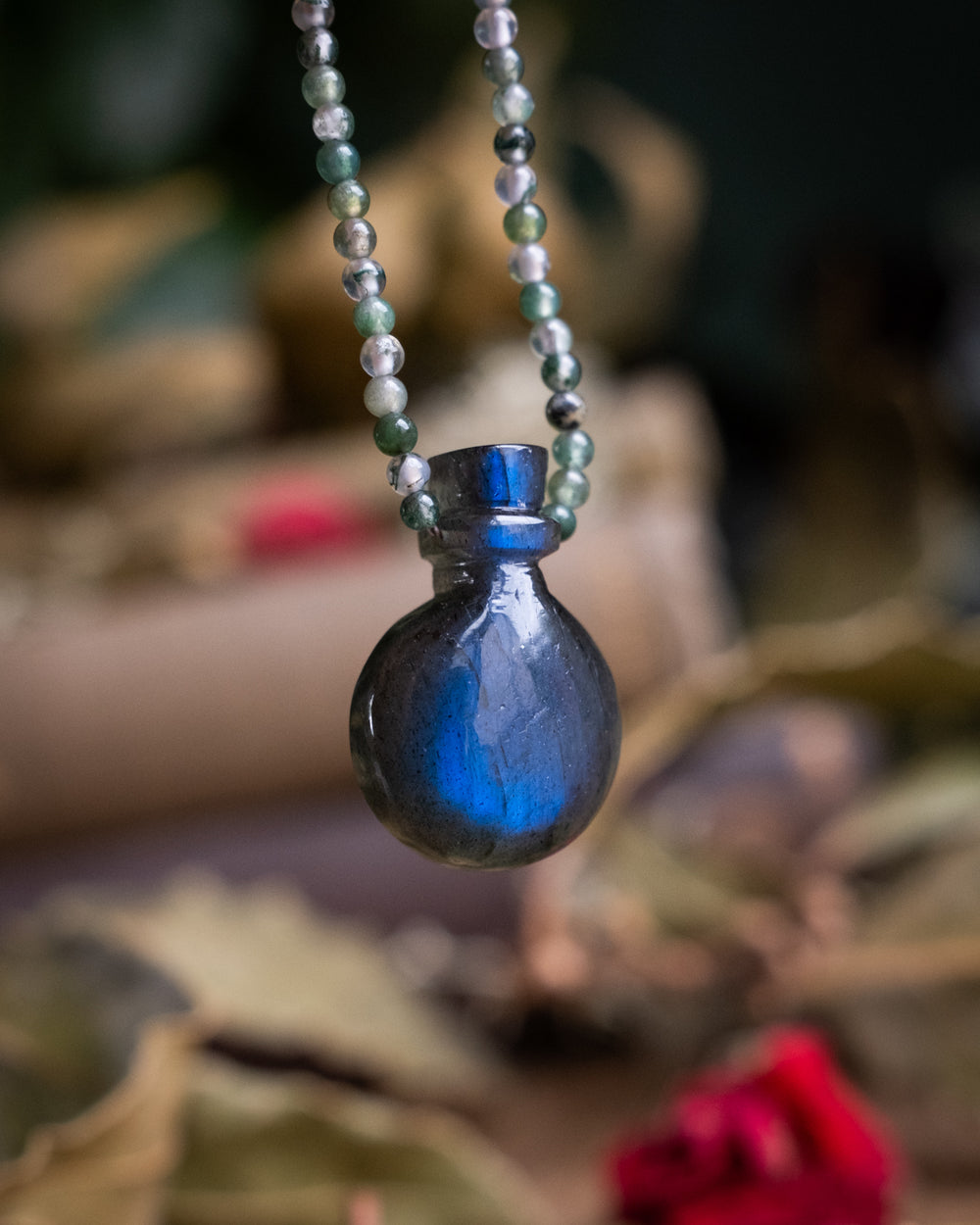 Potion for Woodland Dreaming: Midnight Blue Labradorite & Moss Agate Beaded Necklace - The Healing Pear