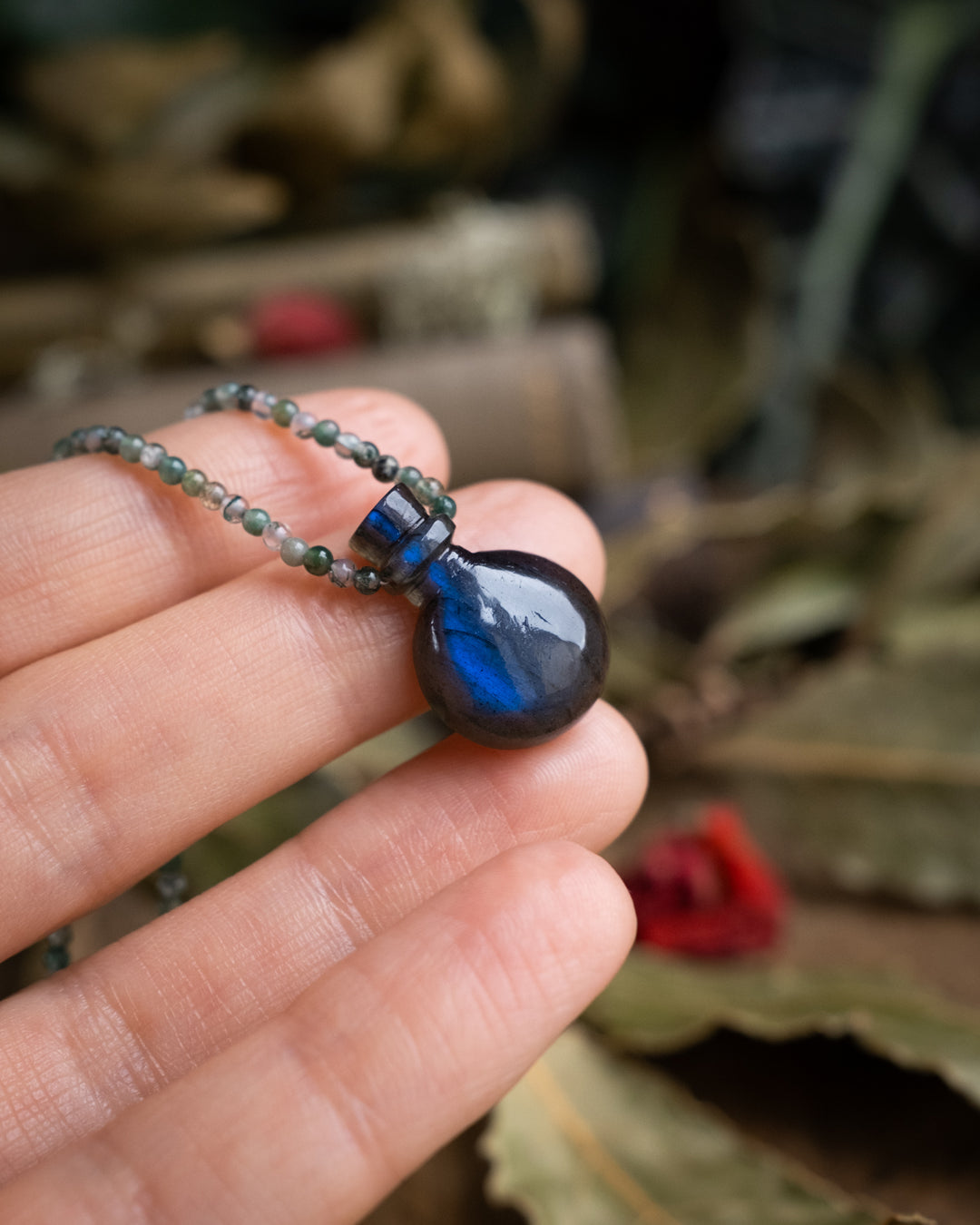 Potion for Woodland Dreaming: Midnight Blue Labradorite & Moss Agate Beaded Necklace - The Healing Pear