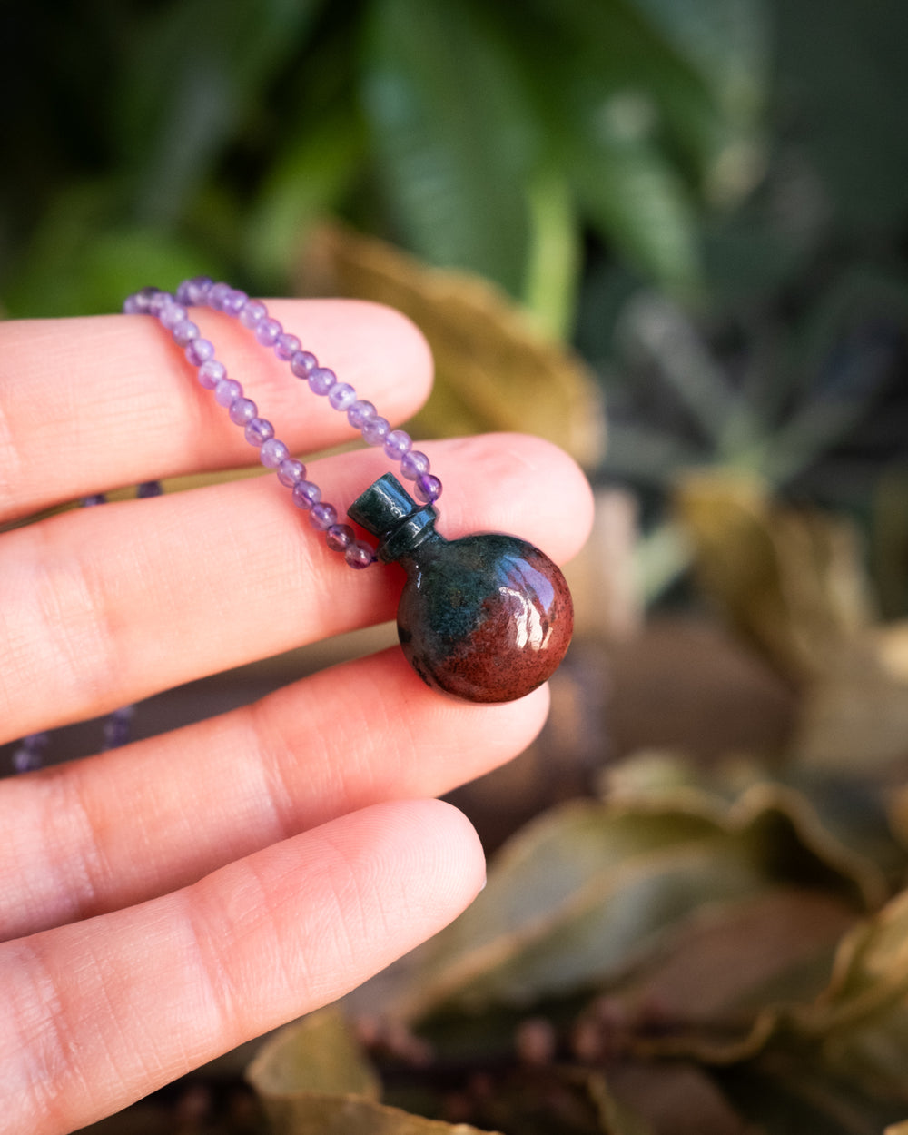 Potion for Spiritual Fortitude: Bloodstone & Amethyst Beaded Necklace - The Healing Pear