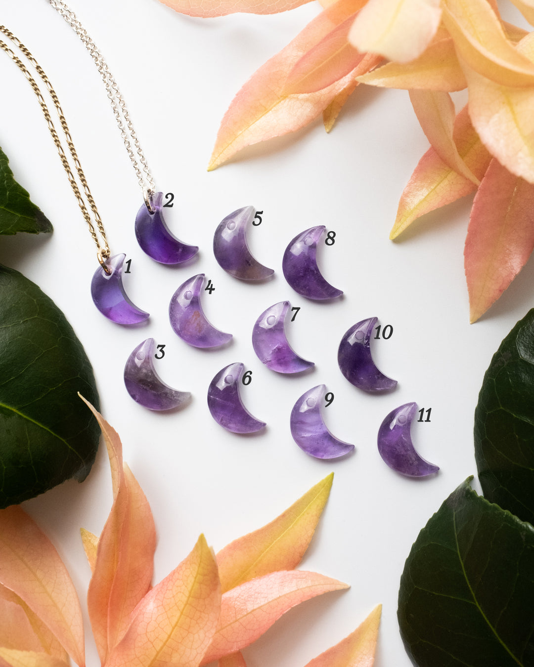 Amethyst Crescent Moon Recycled Sterling Silver or Gold Necklace - The Healing Pear