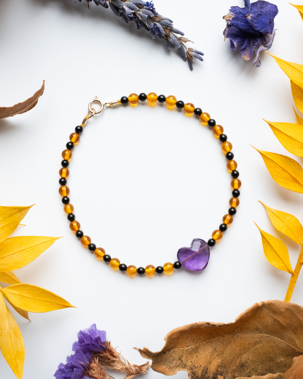 Amethyst Heart, Amber & Black Spinel 9ct Gold Beaded Bracelet - The Healing Pear