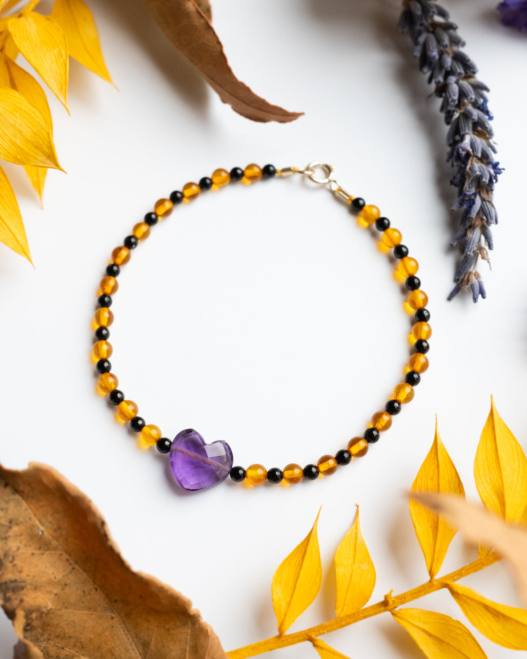 Amethyst Heart, Amber & Black Spinel 9ct Gold Beaded Bracelet - The Healing Pear