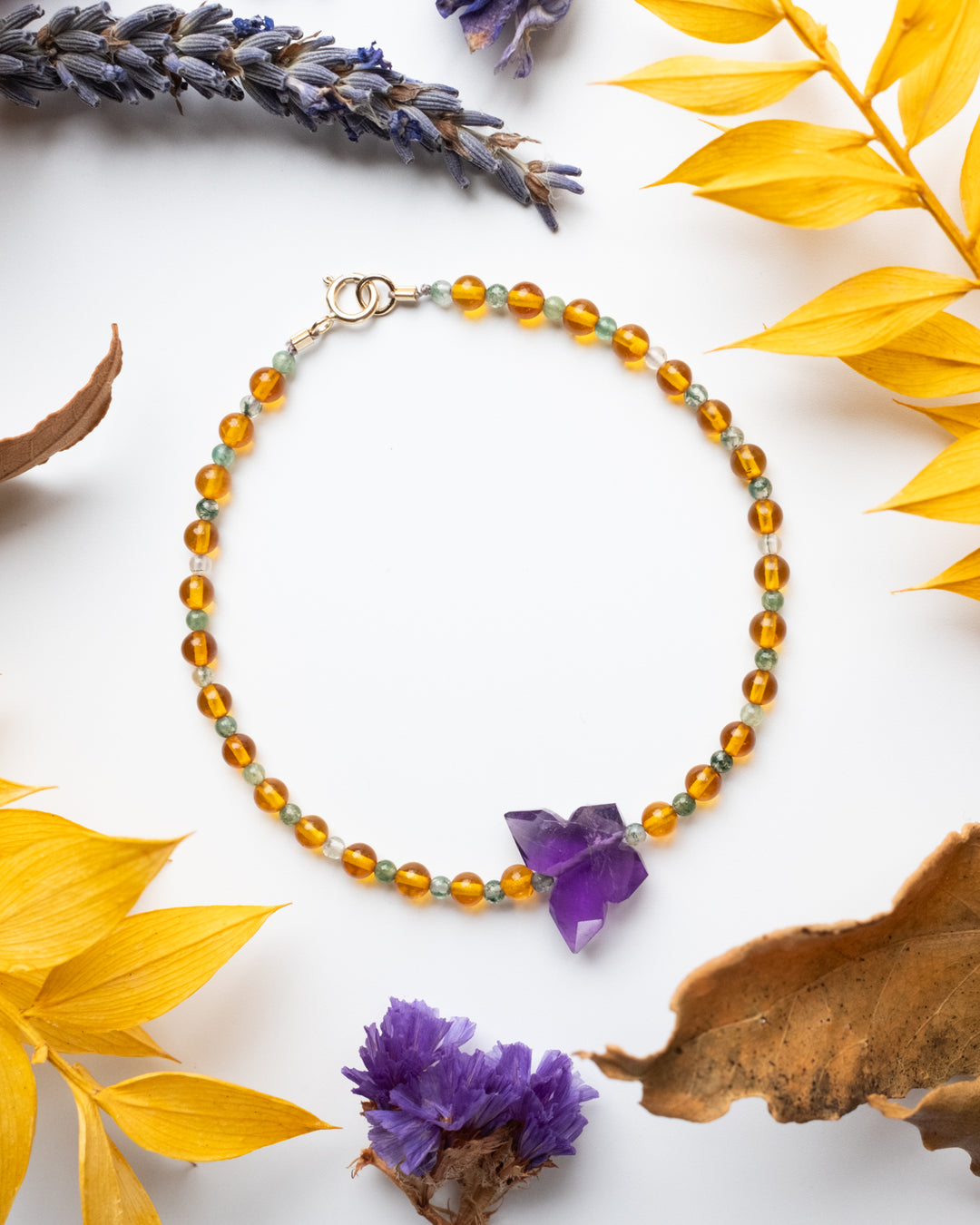 Amethyst Butterfly, Amber & Moss Agate 9ct Gold Beaded Bracelet - The Healing Pear