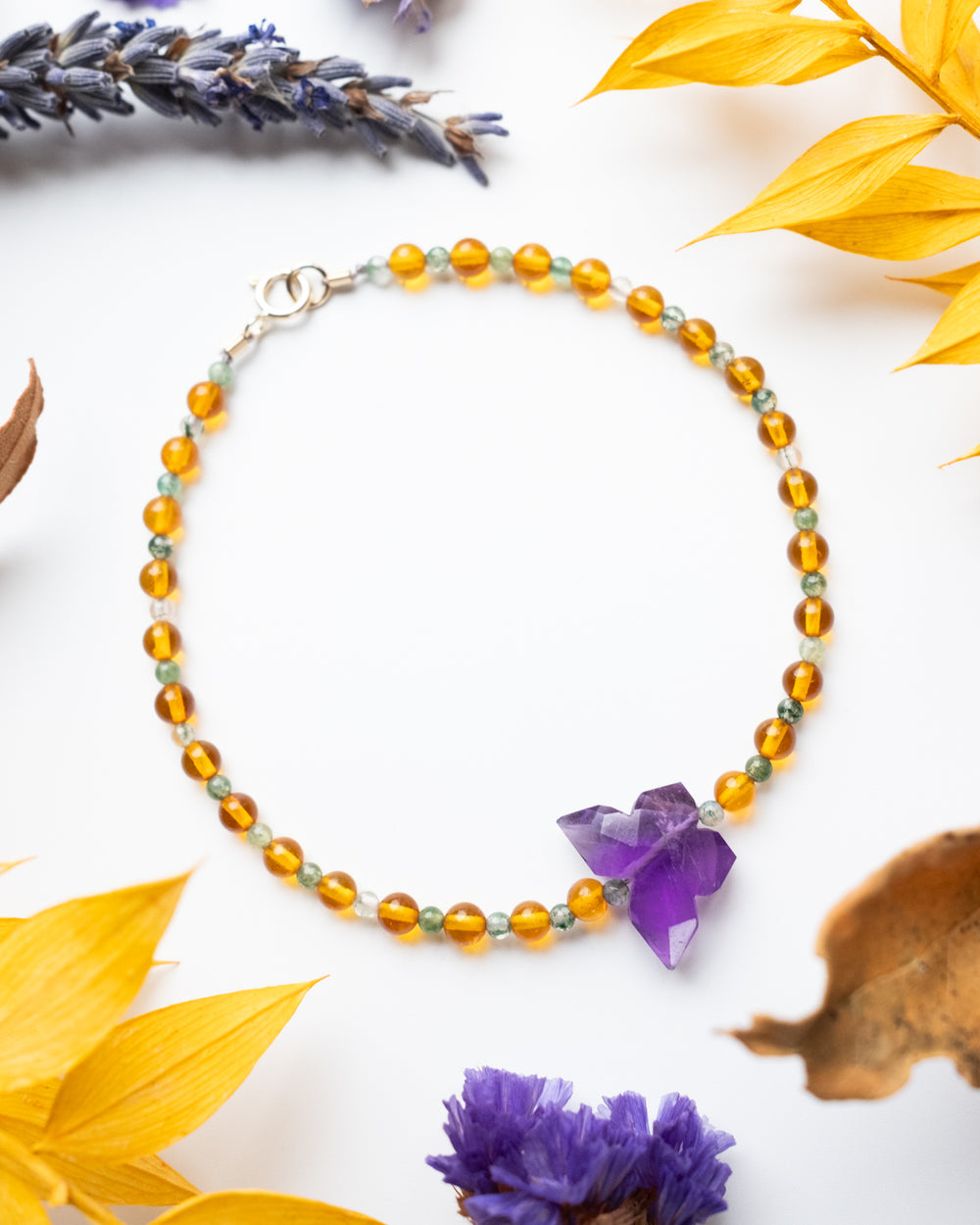 Amethyst Butterfly, Amber & Moss Agate 9ct Gold Beaded Bracelet - The Healing Pear