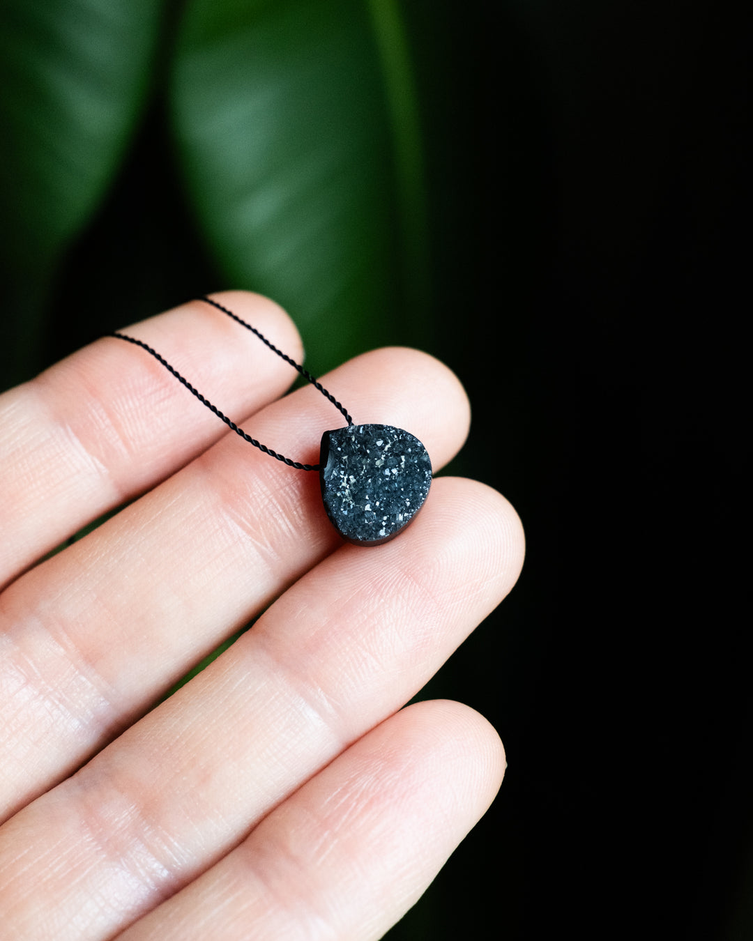 Black Druzy Agate Vegan Silk Necklace