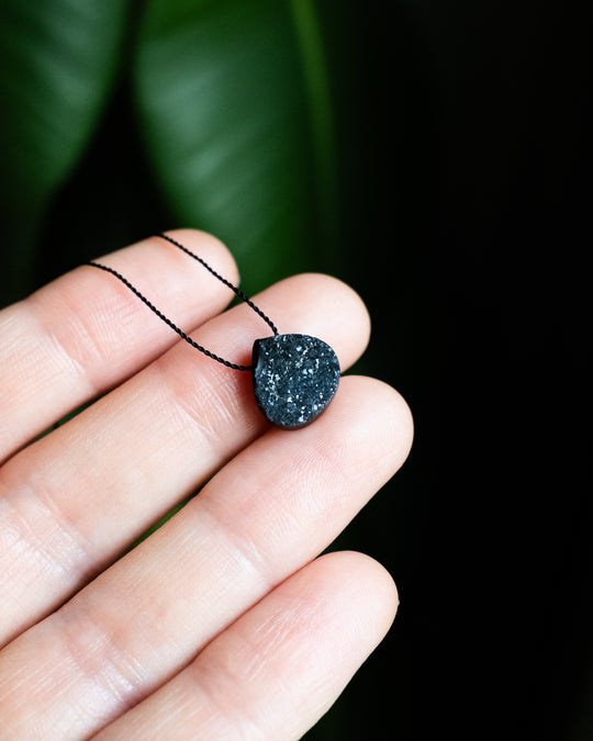 Black Druzy Agate Vegan Silk Necklace