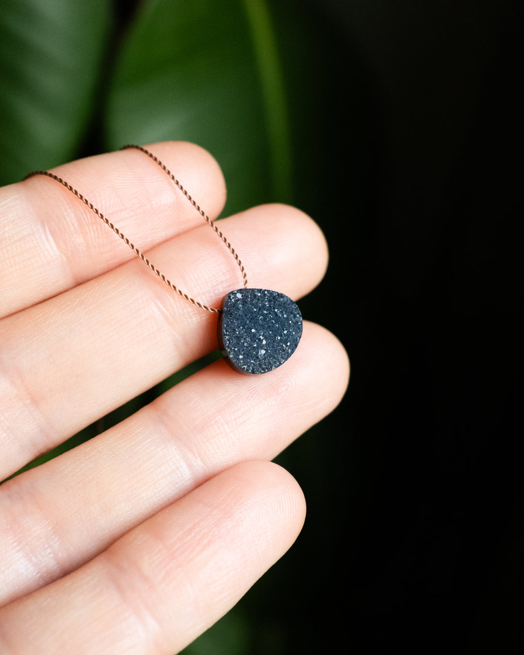 Black Druzy Agate Vegan Silk Necklace
