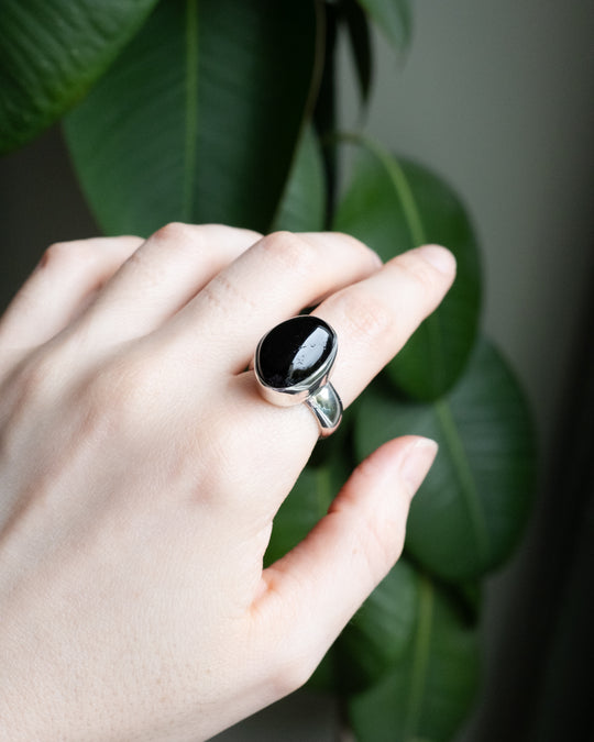 Black Tourmaline Ring in Sterling Silver - Size 7 1/2 US / P UK