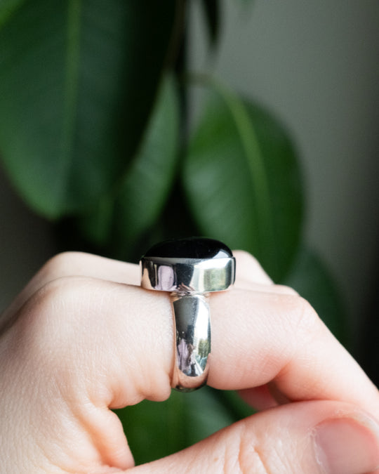 Black Tourmaline Ring in Sterling Silver - Size 7 1/2 US / P UK