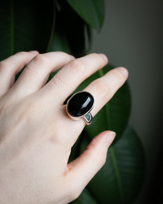 Black Tourmaline Ring in Sterling Silver - Size 8 US / Q UK
