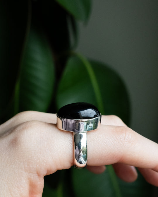 Black Tourmaline Ring in Sterling Silver - Size 8 US / Q UK