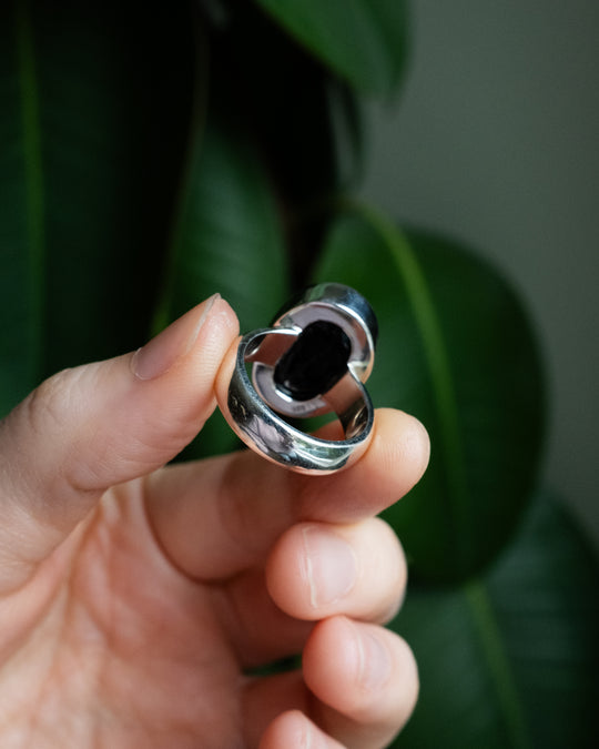 Black Tourmaline Ring in Sterling Silver - Size 8 US / Q UK