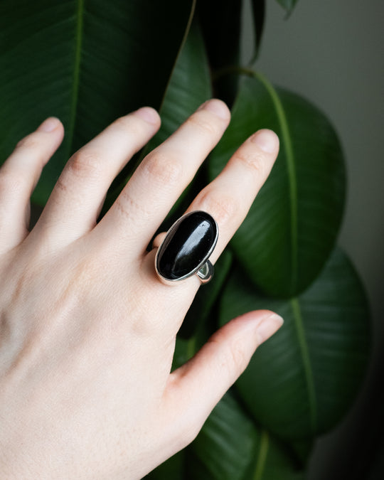 Black Tourmaline Ring in Sterling Silver - Size 9 1/2 US / S 3/4 UK