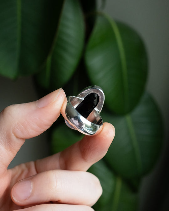 Black Tourmaline Ring in Sterling Silver - Size 9 1/2 US / S 3/4 UK
