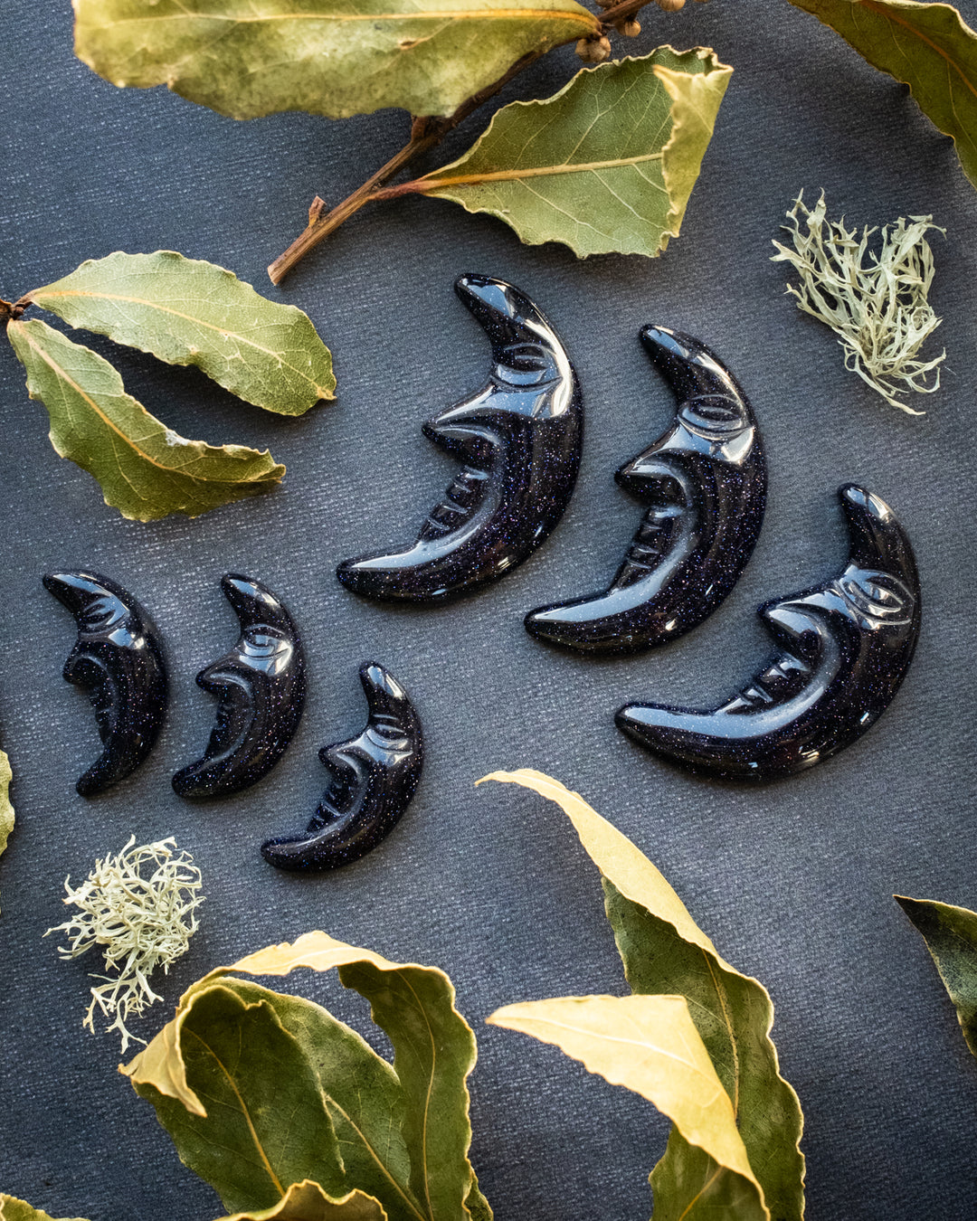 Blue Goldstone Hand Carved Moon - The Healing Pear
