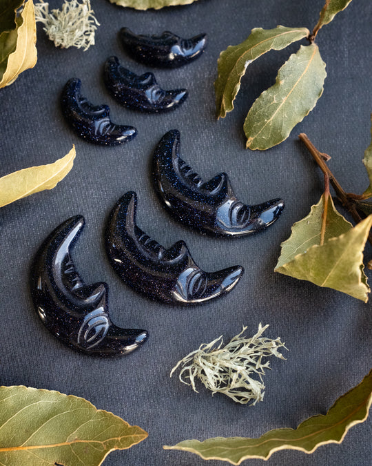 Blue Goldstone Hand Carved Moon - The Healing Pear