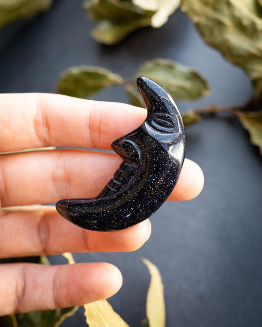 Blue Goldstone Hand Carved Moon - The Healing Pear