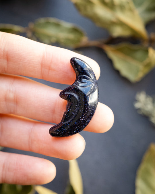 Blue Goldstone Hand Carved Moon - The Healing Pear