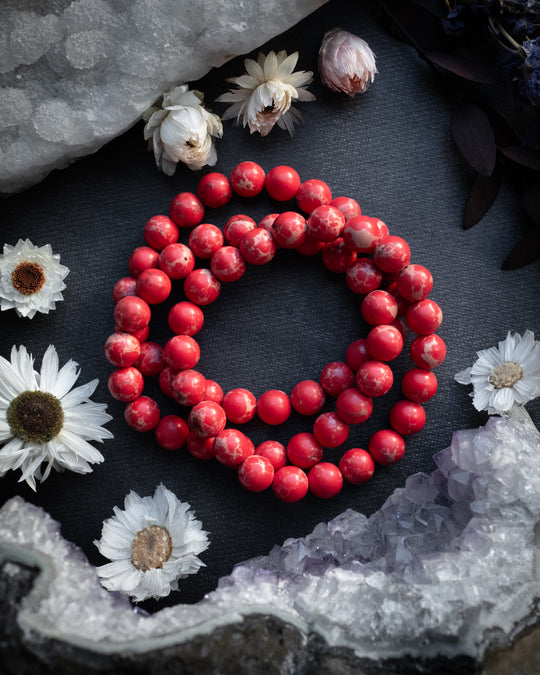 Coral Red Imperial Jasper Round Bead Bracelet 8mm