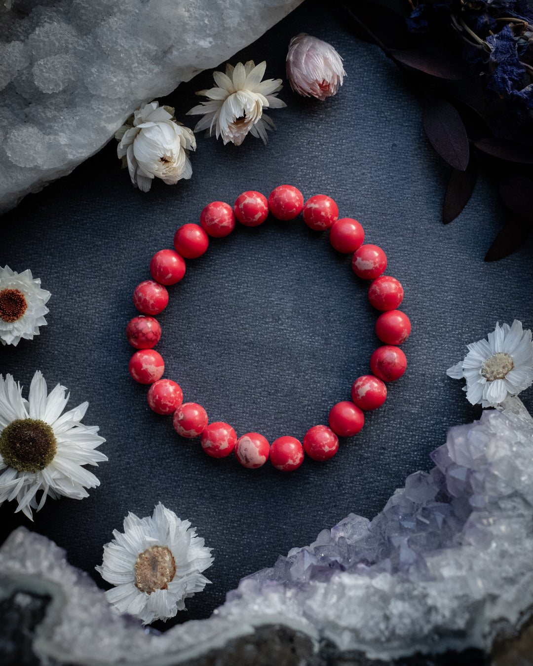Coral Red Imperial Jasper Round Bead Bracelet 8mm