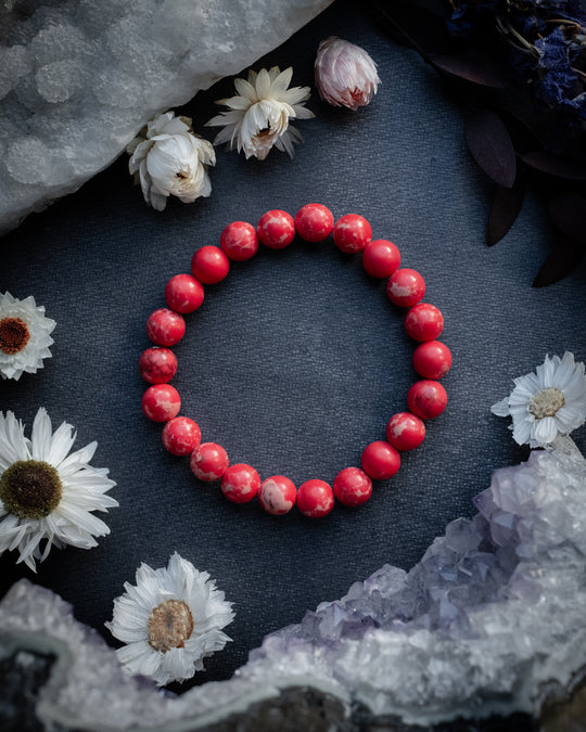 Coral Red Imperial Jasper Round Bead Bracelet 8mm