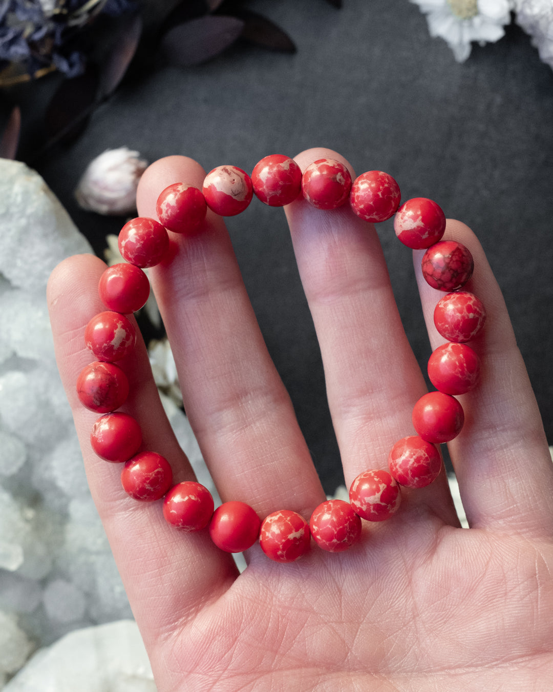Coral Red Imperial Jasper Round Bead Bracelet 8mm