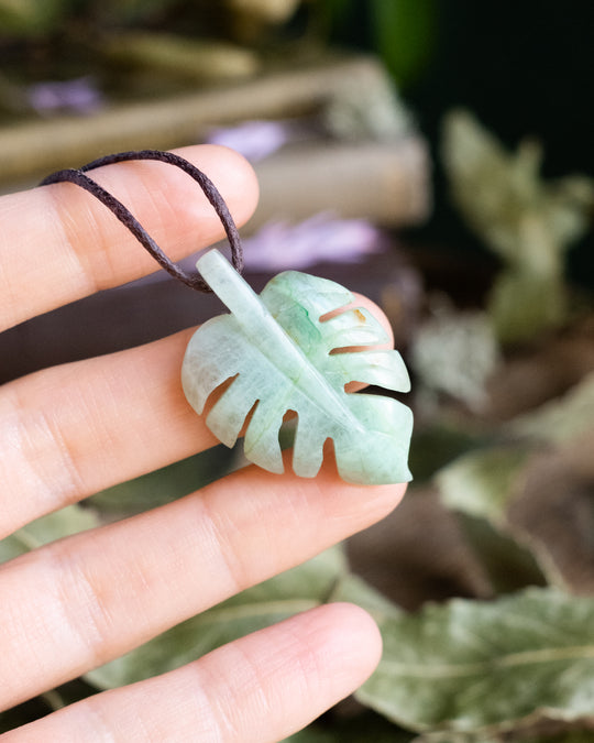 Chrysocolla Hand Carved Monstera / Cheese Plant Necklace - The Healing Pear