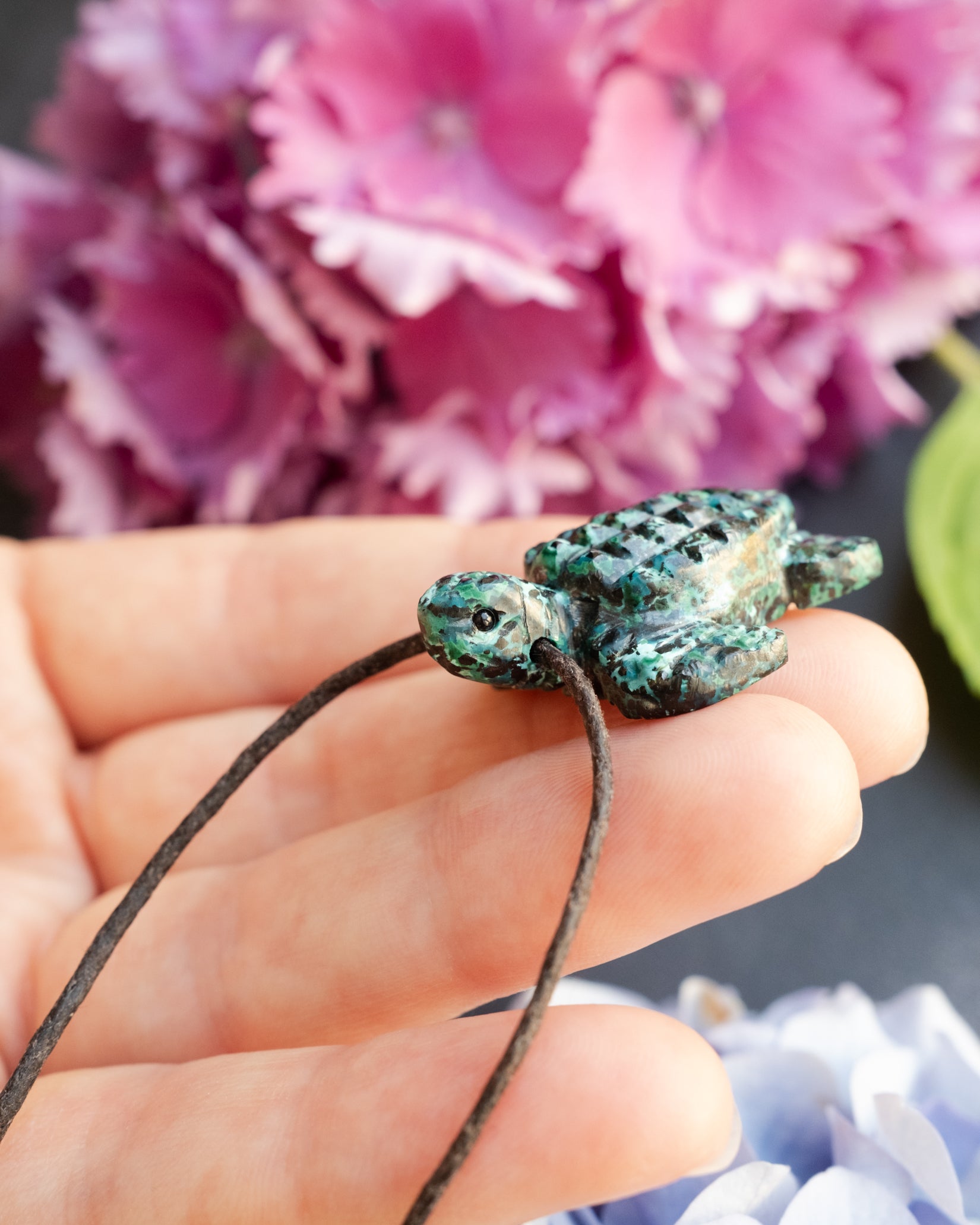 Small Rainbow Chrysocolla Hand Carved Leatherback Sea Turtle Necklace - The Healing Pear