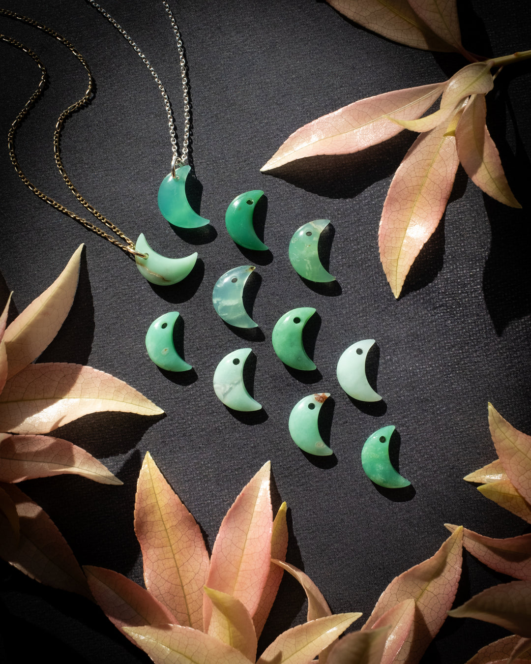 Chrysoprase Crescent Moon Recycled Sterling Silver or Gold Necklace - The Healing Pear