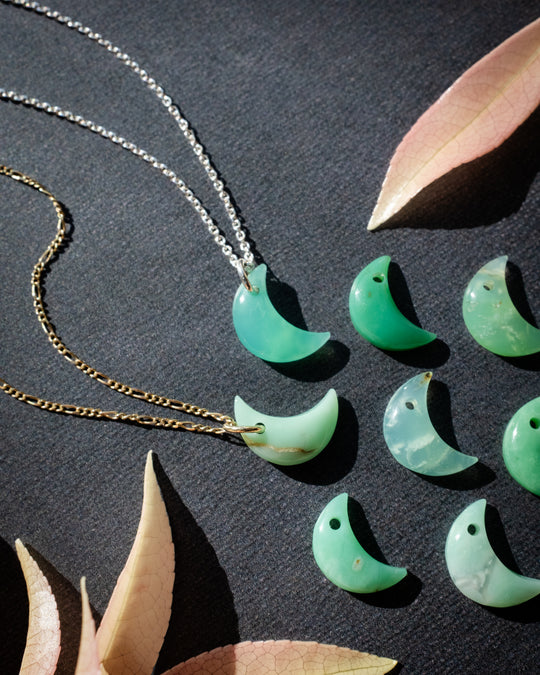 Chrysoprase Crescent Moon Recycled Sterling Silver or Gold Necklace - The Healing Pear