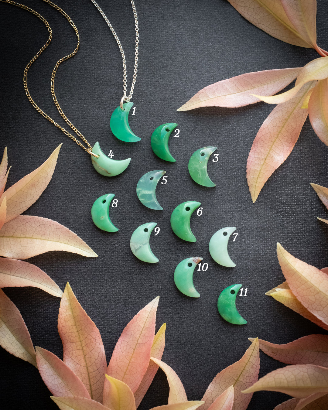 Chrysoprase Crescent Moon Recycled Sterling Silver or Gold Necklace - The Healing Pear